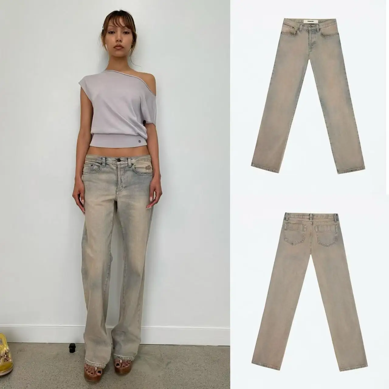 

Tank vintage distressed low-rise skinny straight-leg jeans with a special washed color in a pinkish blue tone.