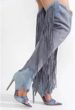 

Light Blue Denim Brown Suede Tassel Fringed Pointed Peep Toe Patchwork Hollow Thin Heels Over The Knee Boots Women Modern Boots