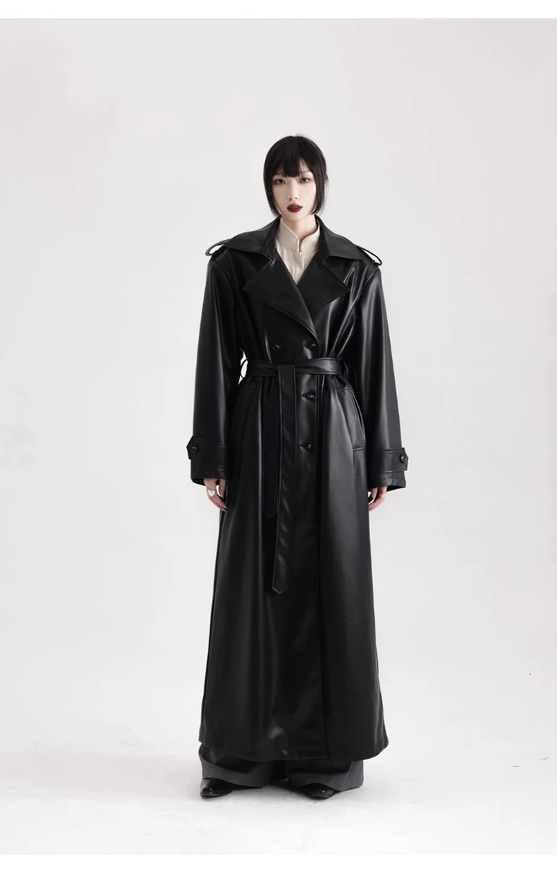 Lautaro Spring Autumn Extra Long Black Soft Pu Leather Trench Coat for Women Double Breasted Loose Casual Korean Fashion 2024