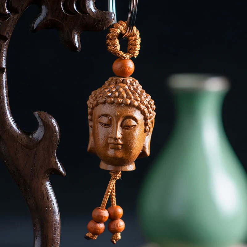Ethnic Mascot Mahogany Unique Peach Wood Carved The Buddha Head 3D Key Chain Car Key Ring Rings - Perfect Gift for Any Occasion