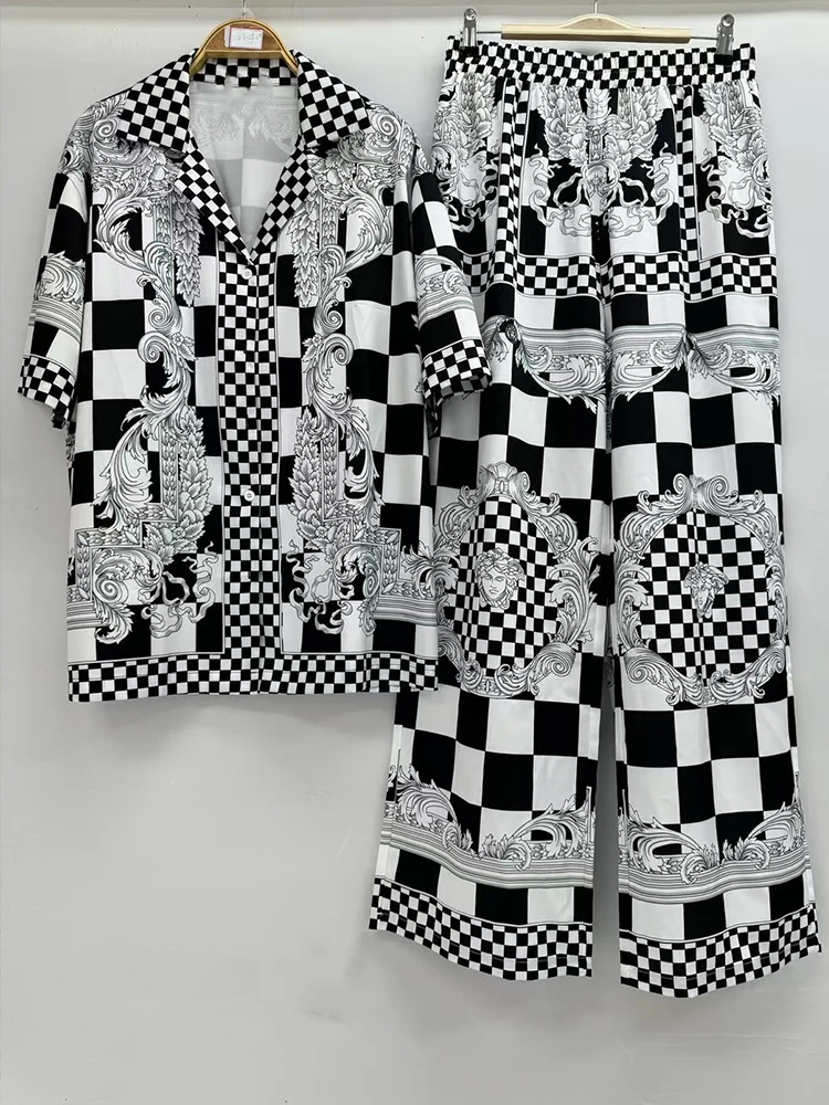 Camisa holgada con solapa y estampado geométrico, novedad de primavera y verano, traje de dos piezas + pantalones de pierna ancha con cintura elástica, traje de mujer a la moda