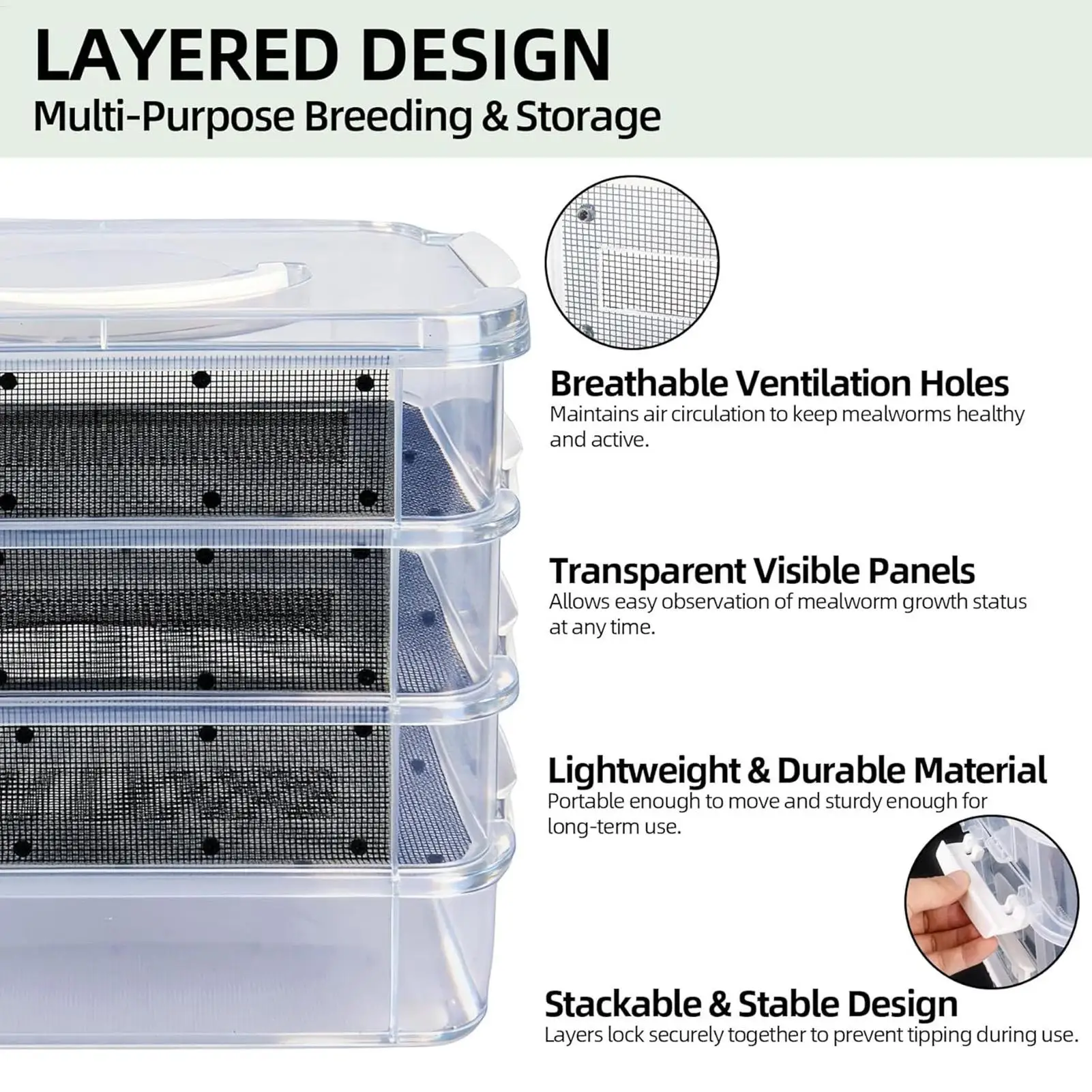Mealworm Breeding Kit 4 Layer Clear Mesh Farm Container Feeder Insect High Capacity Separator Tool Set Reptile Treat