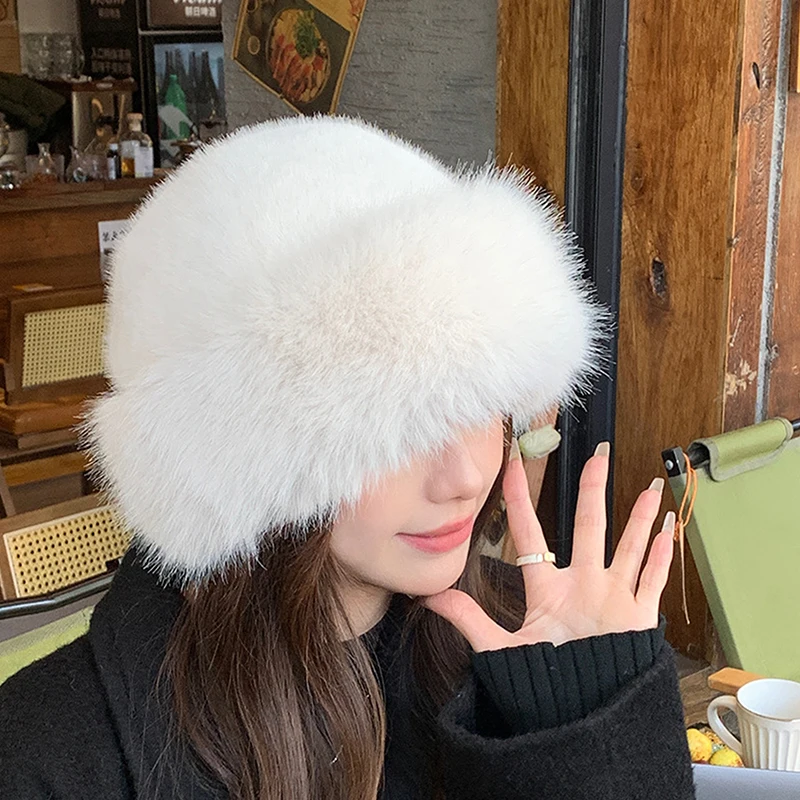 Fluffy Faux Fur Bucket Hat For Women Luxury Plush Fisherman Hat Warm Winter Hat Thicken Cold Snowy Day Panama Cap