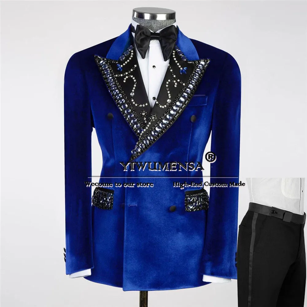 Unique Design Suits Men Green Velvet Jacket Pants 2 Pieces Groom Wedding Tuxedo Tailored Beaded Stones Prom Blazer Man Clothing