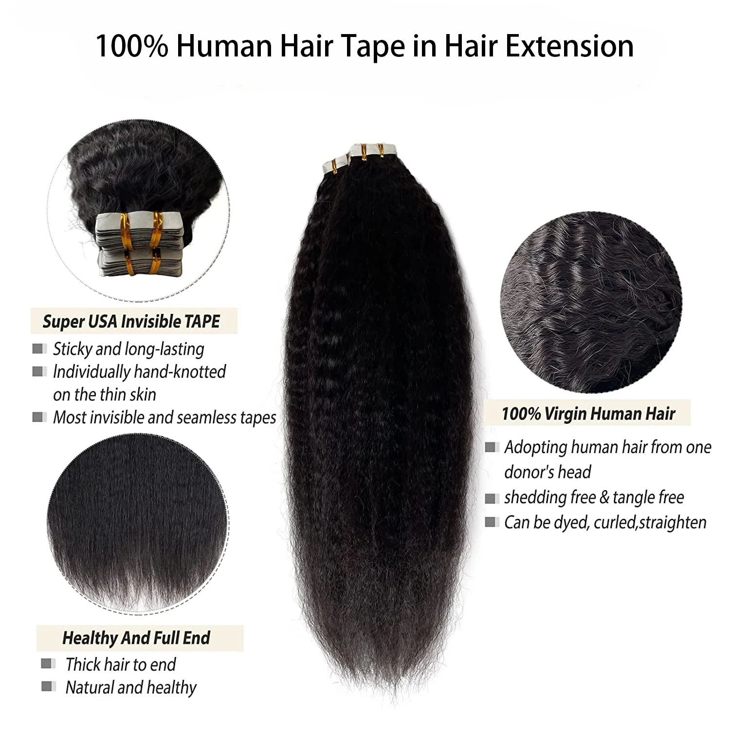 Tape In Human Hair Kinky Straight Extensions 100% Real Remy Human Hair Weft Adhesive Glue On For Salon High Quality for Woman