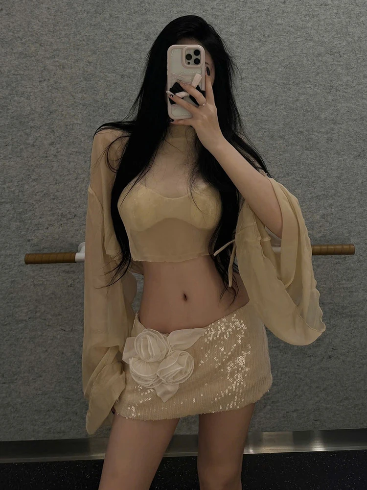 

Kliou Y2K Elegant Style 2 Piece Set Women Batwing Sleeve Crop Top+Sequins Applique Mini Skirt Sweet Girl Birthday Party Clubwear