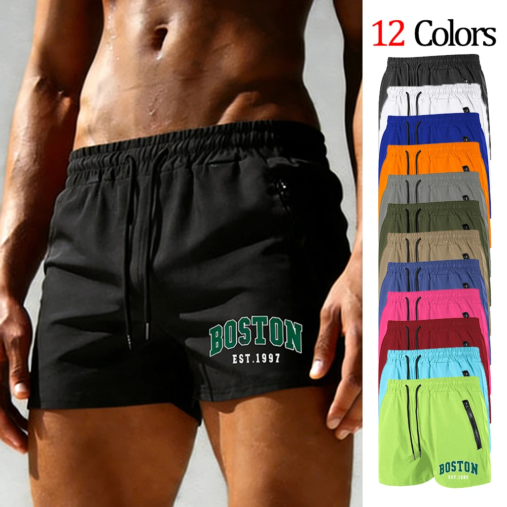 

Мужские летние быстросохнущие спортивные шорты для тренировок и повседневной носки, доступны в различных цветах, с двумя боковыми карманами на молнии и принтом-надписью
