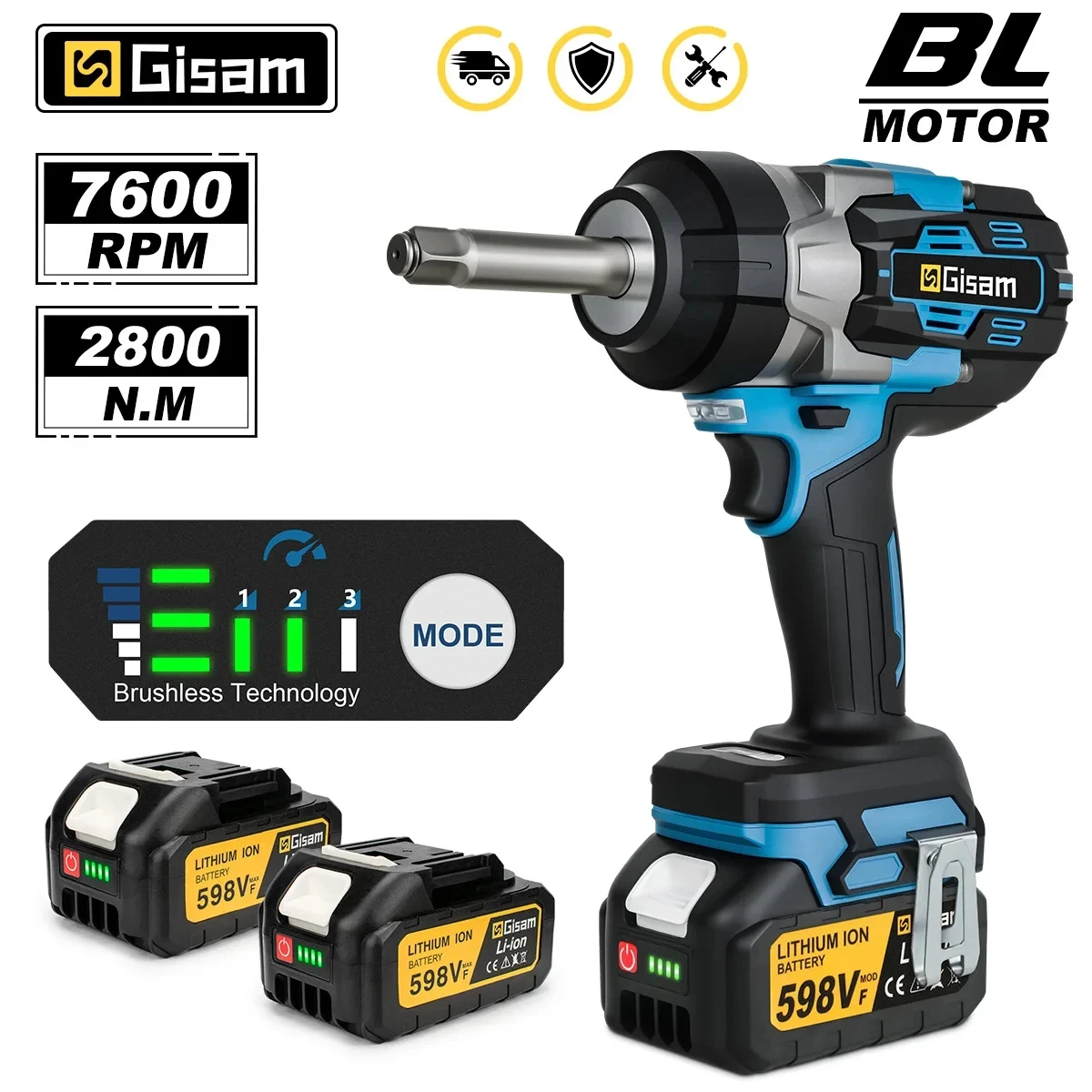 GΣ 2800 N.M Bürstenloser 1/2 Zoll verlängerter Amboss-Schlagschrauber Elektroschrauber Elektrobohrmaschine Elektrowerkzeug für Makita 18 V Akku-Stift