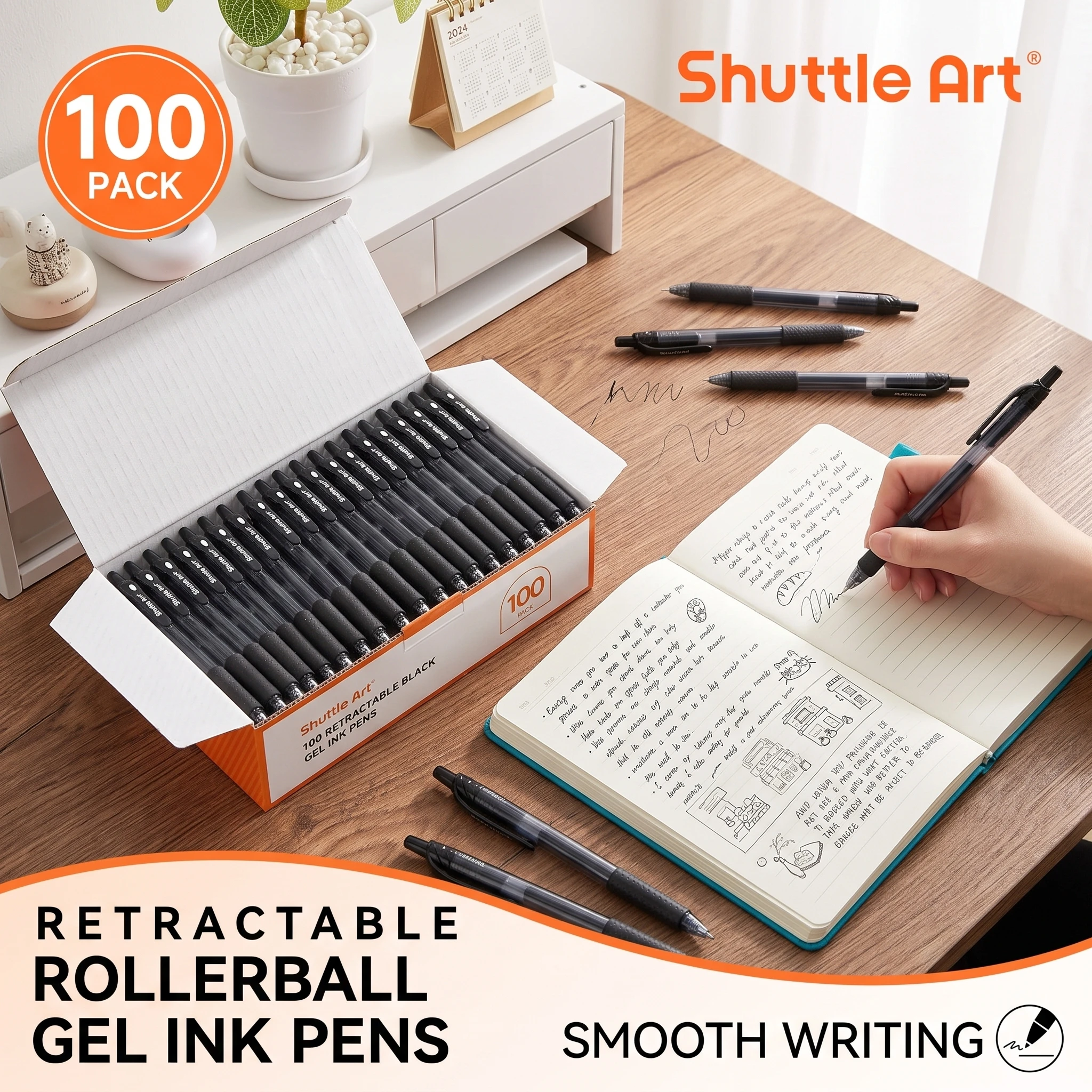 Shuttle Art Black Gel Pens, 100 Pack Retractable Medium Point Rollerball Gel Ink Pens Smooth Writing with Comfortable Grip for Office School Home Work