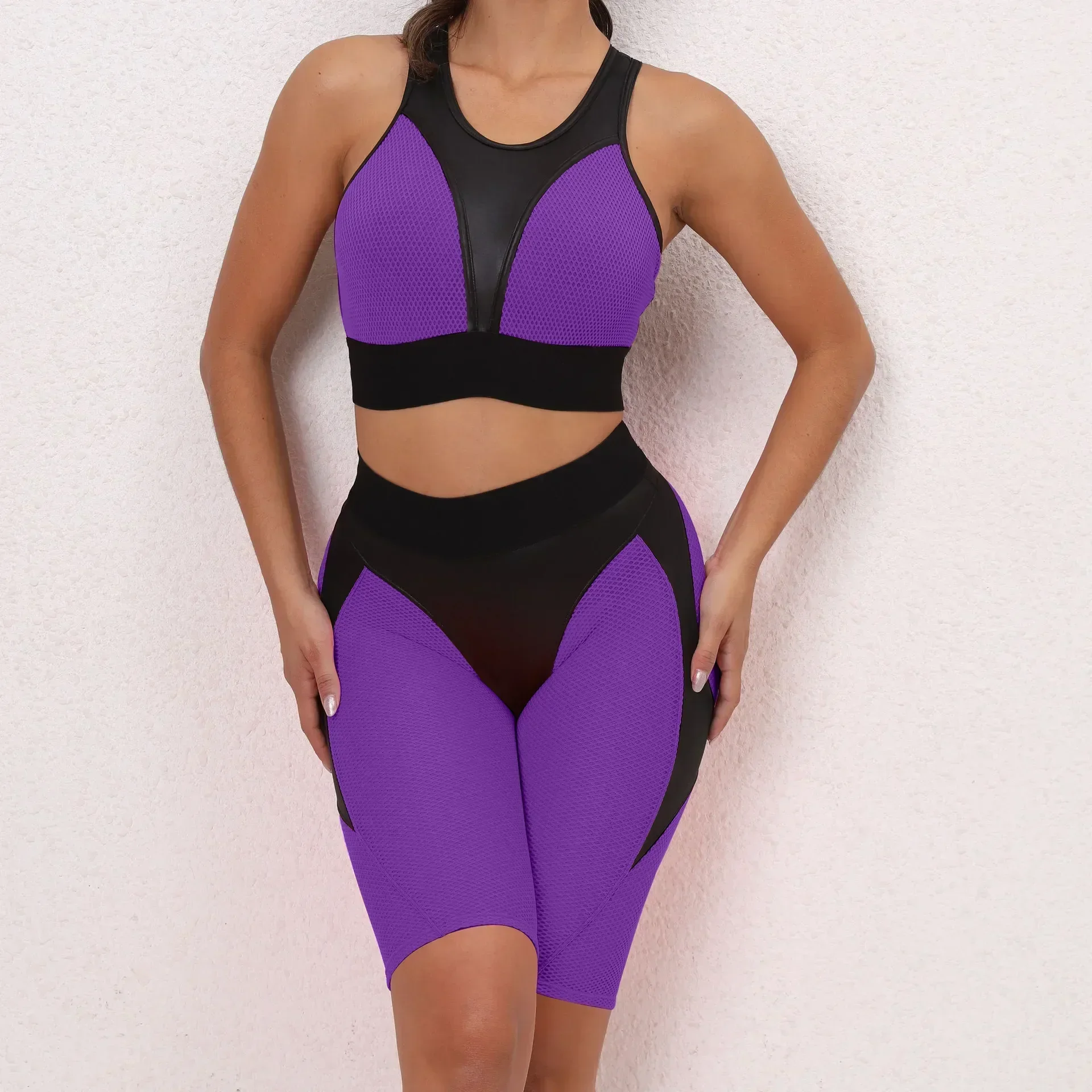 

Honeycomb Patchwork Gym Shorts Set Woman 2 Piece Sportswear Yoga Suit for Fitness Female Sexy Sport Outfit Workout Clothes Black