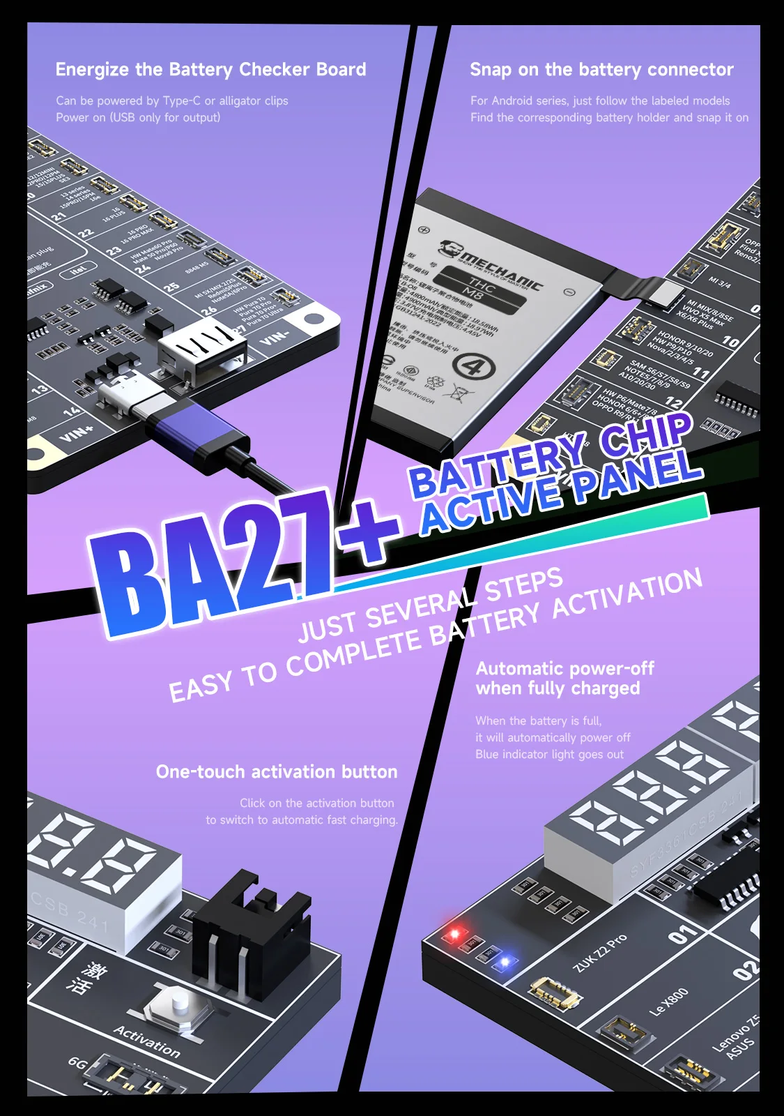 MECHANIC BA27+ Battery Tester for iPhone16/ 400+ Android Phones LED Display Multi Port Charger Repair Tool Stable Voltage Output