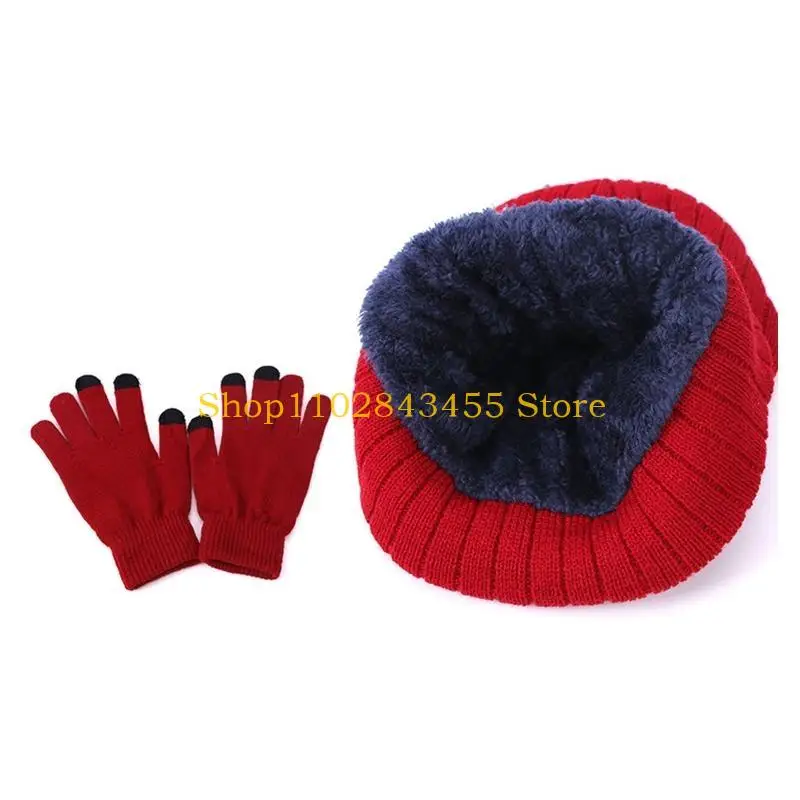 49MC للجنسين 3 قطع شتوية مبطنة بالقطيفة قبعة صغيرة وشاح دائري مجموعة قفازات شاشة اللمس