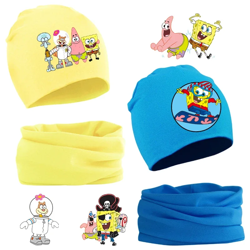 2Pcs Set SpongeBob SquarePants Baby Child's Hat Scarf Cartoon Anime Autumn Winter Warm Cotton Comfortable Knitted Cap Collar Kid