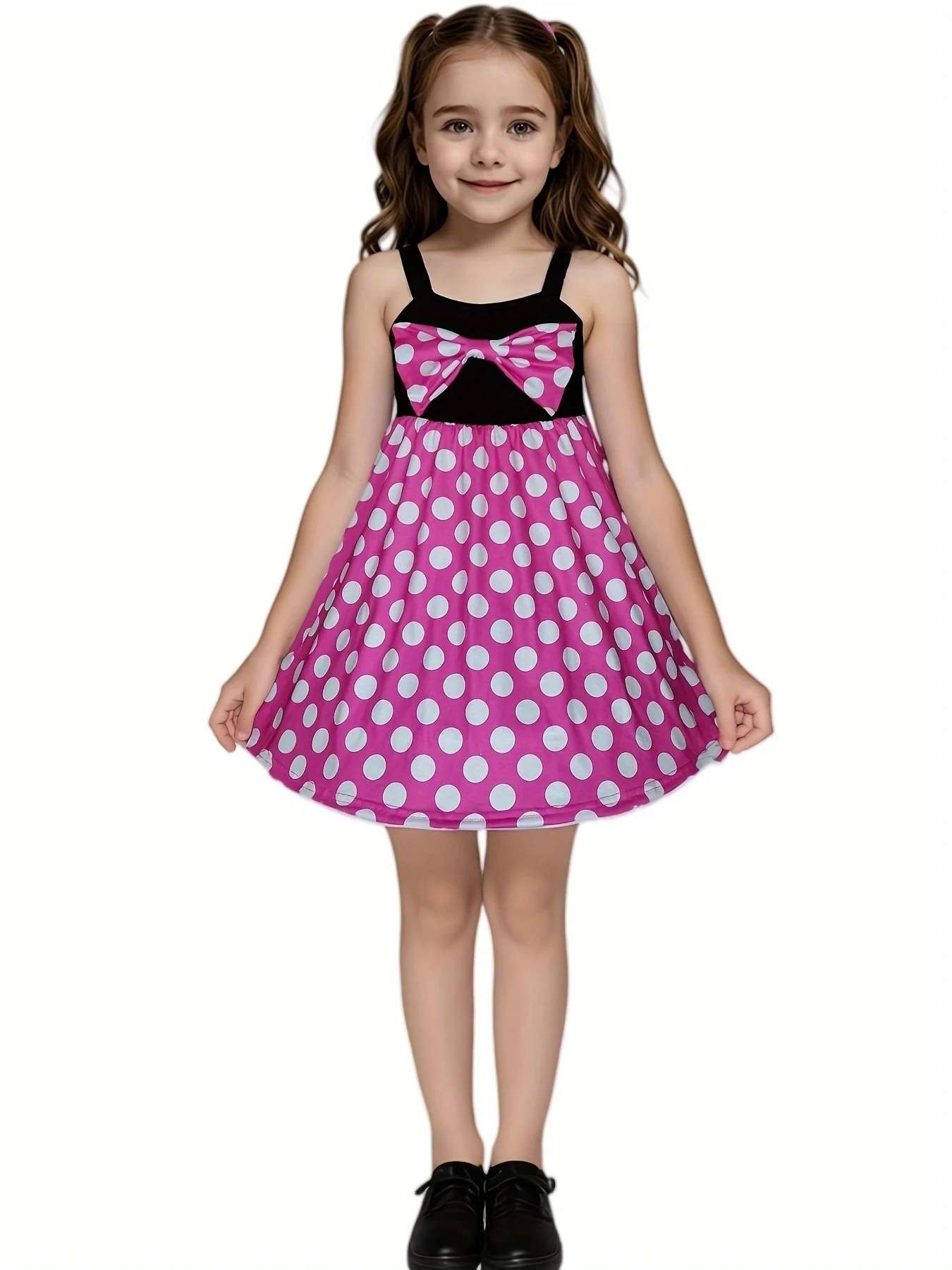 Girl Pink Dots Princess Inspired Dress Twirl Soft For Play Halloween Daily Wear Cute Dress With Bow