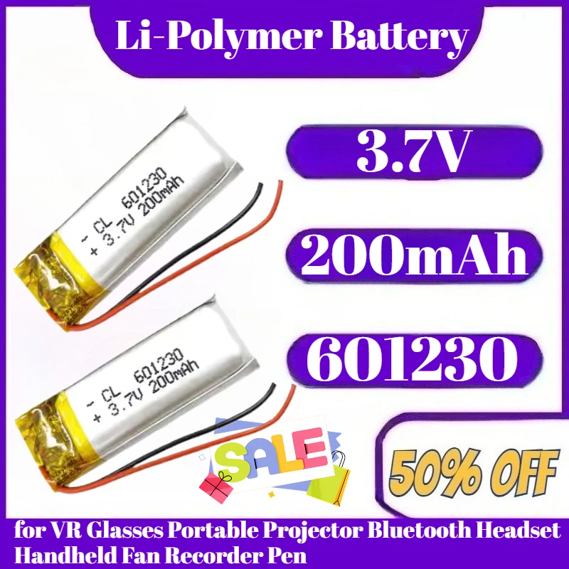 

601230 Battery 3.7V 200mAh Polymer Lithium Battery for VR Glasses Portable Projector Bluetooth Headset Handheld Fan Recorder Pen