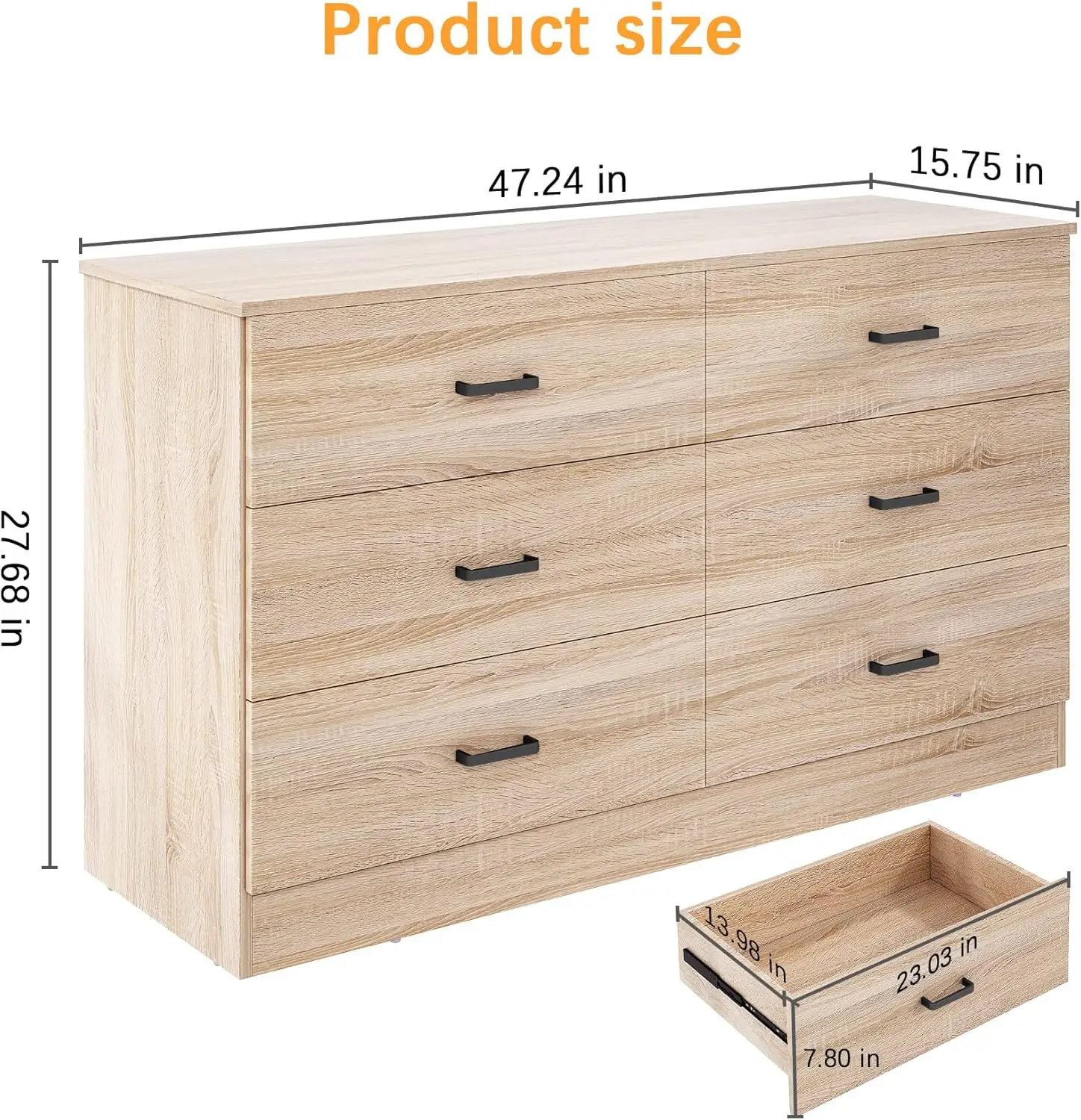 Tocador de madera para dormitorio, tocador doble de 6 cajones con asas de Metal, 15,8 "D x 47,2" W x 27,7 "H, roble claro