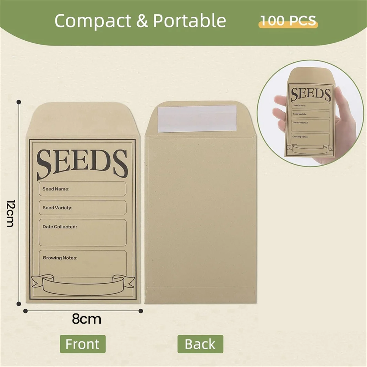 100PCS Seed Packets Envelopes: Self Sealing Kraft Small Seed Envelopes for Seed Storage Resealable Seed Saving Envelopes