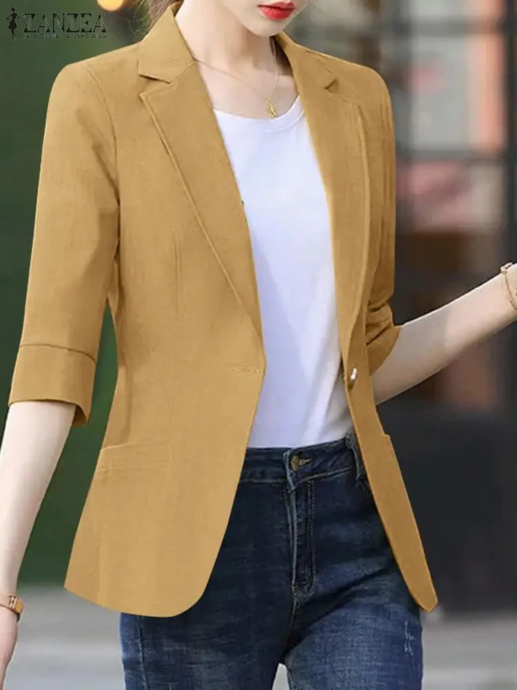 ZANZEA Fashion OL Suits Coats Women Summer Blazer Thin Elegant 3/4 Sleeve Lapel Neck Blazer Casual Solid Button Up Outwear Femme