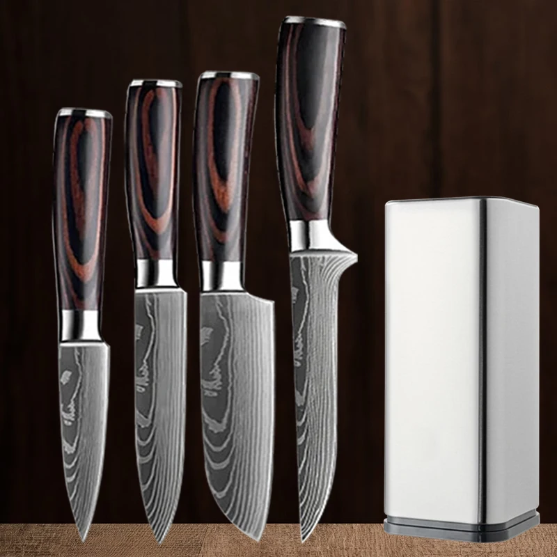 Kitchen Knives Set Damascus Chef's Knife Stainless Steel Vegetable Cutting Fruit Slicing Japanese Santoku Knife with Holder