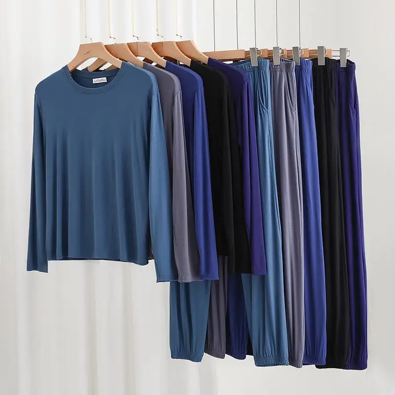 

Men's Summer Outfit round Neck Loose Thin Long Sleeve Long Pants Modal Home Clothes Two-Piece Set Sleepwear Sweatpants