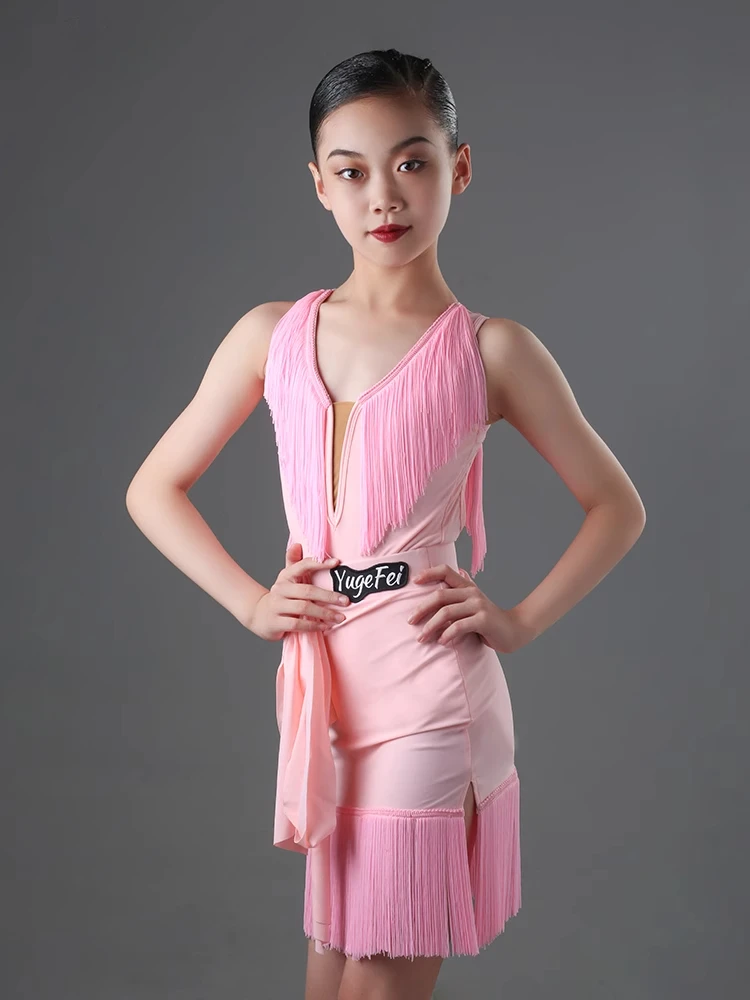 

Vennystyle Latin Dance Dress Strappy Backless Summer Pink Fringe Elegant Ballroom Performance Costume for Girls Practice Wear
