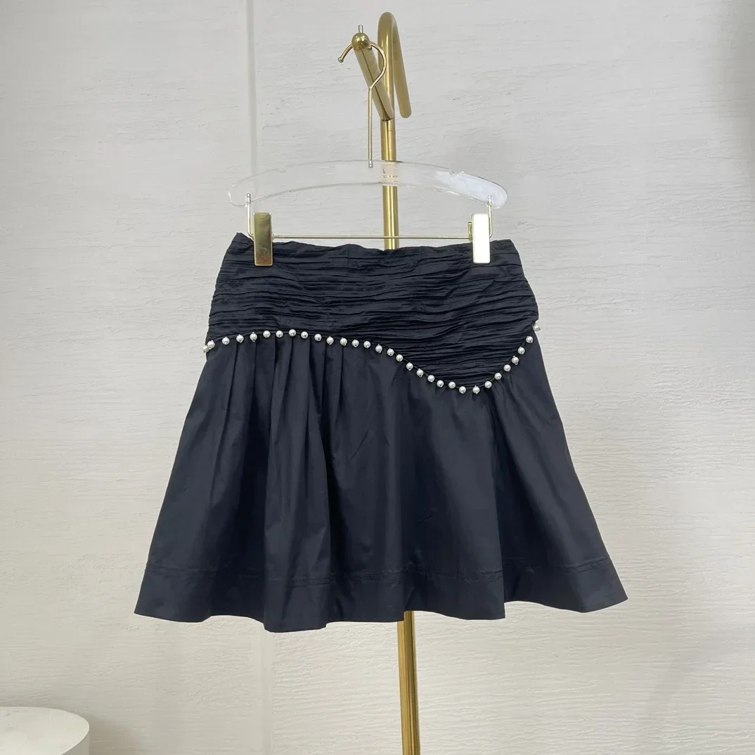 

2024 New Black Ruched Pleat High Waist Beading Pleats Women Mini Skirt