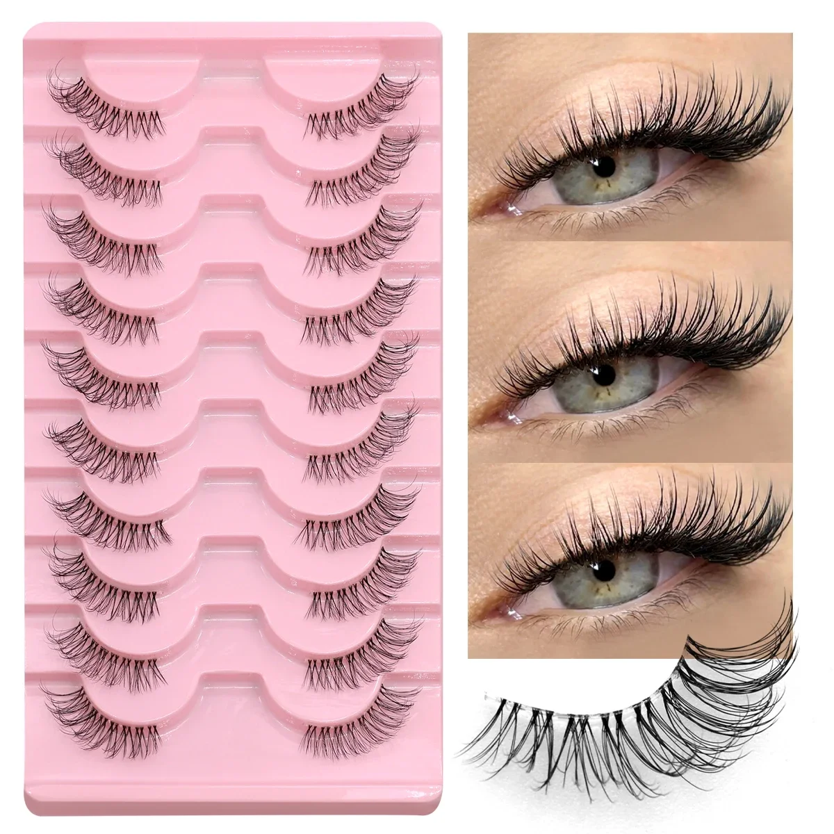 GROINNEYA Halbe Wimpern, weiche, natürliche Katzenaugenwimpern, natürlicher Look, unsichtbares Band, halbe gefälschte Wimpern, flauschige Wimpern