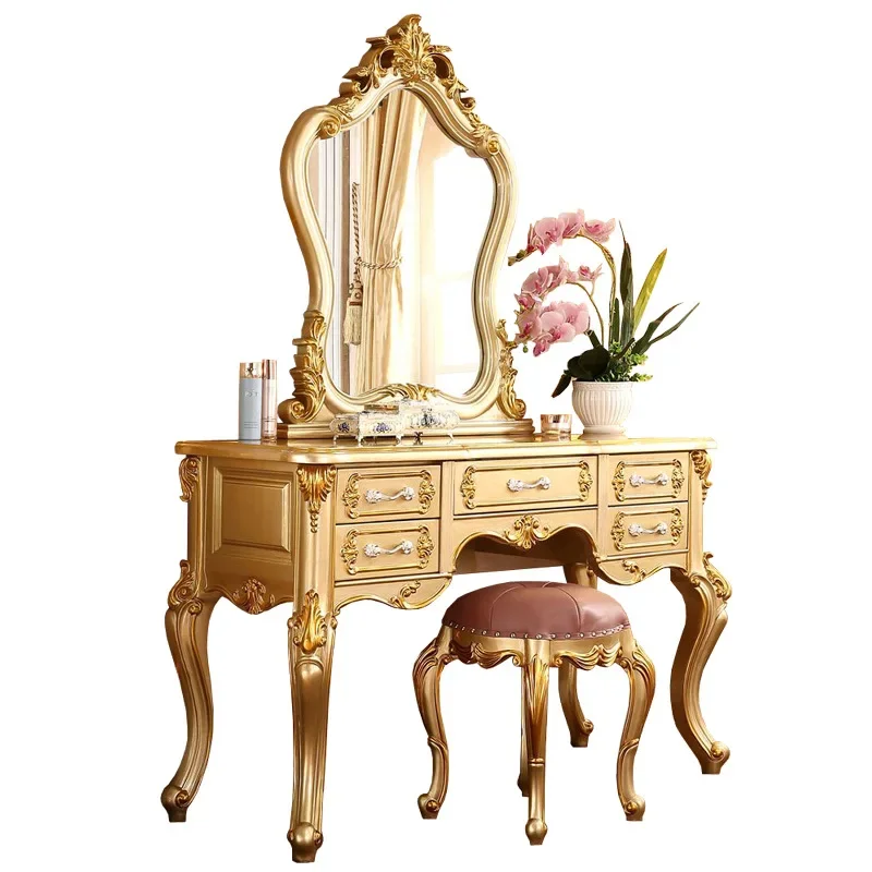 

European Solid Wood Dressing Table French Dressing Table Champagne Gold Bedroom Furniture with Makeup Stool