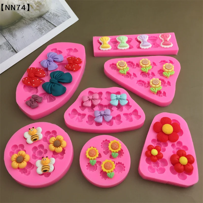 【NN74】Cute Cartoon Flowers Bow Bee Fondant Silicone Molds DIY Cupcake Fondant Cake Decorating Chocolate Candy Baking Mold[J]【W4】