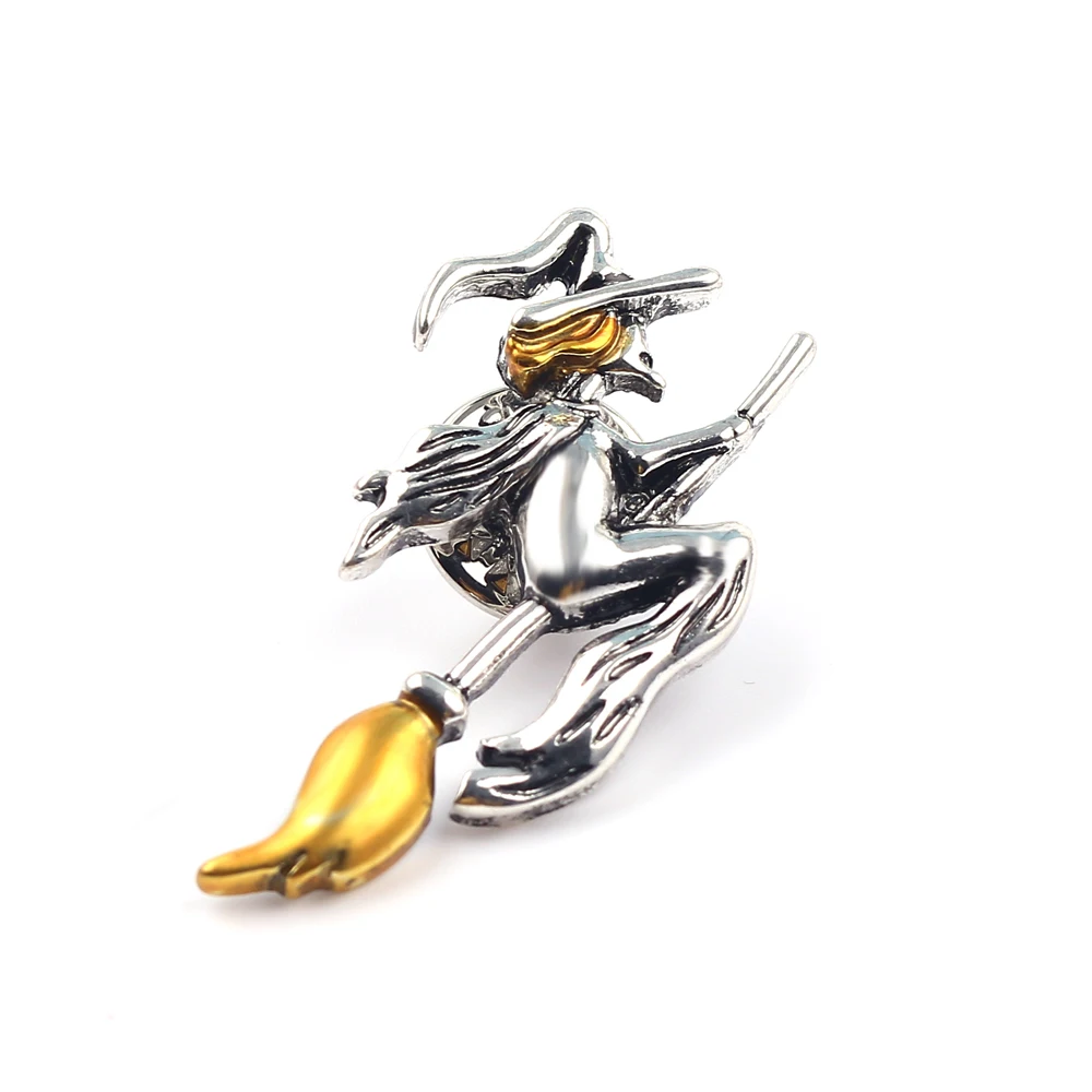 Top Quality Unique Metal Witch Riding A Broom in Flight Yellow Hair Hat Lapel Pins Brooch Women Accessories for Women