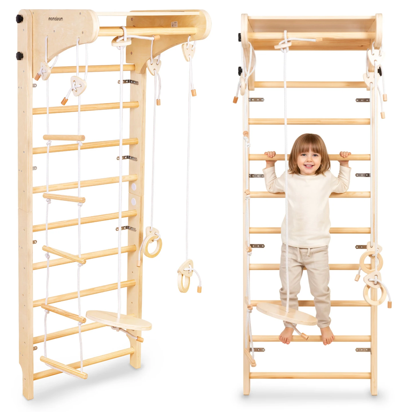 Mamabrum Holz-Kinder-Turnleiter-Set XXL Zubehör Schaukel Räder Kabelleiter 3 + Aktivitätselemente