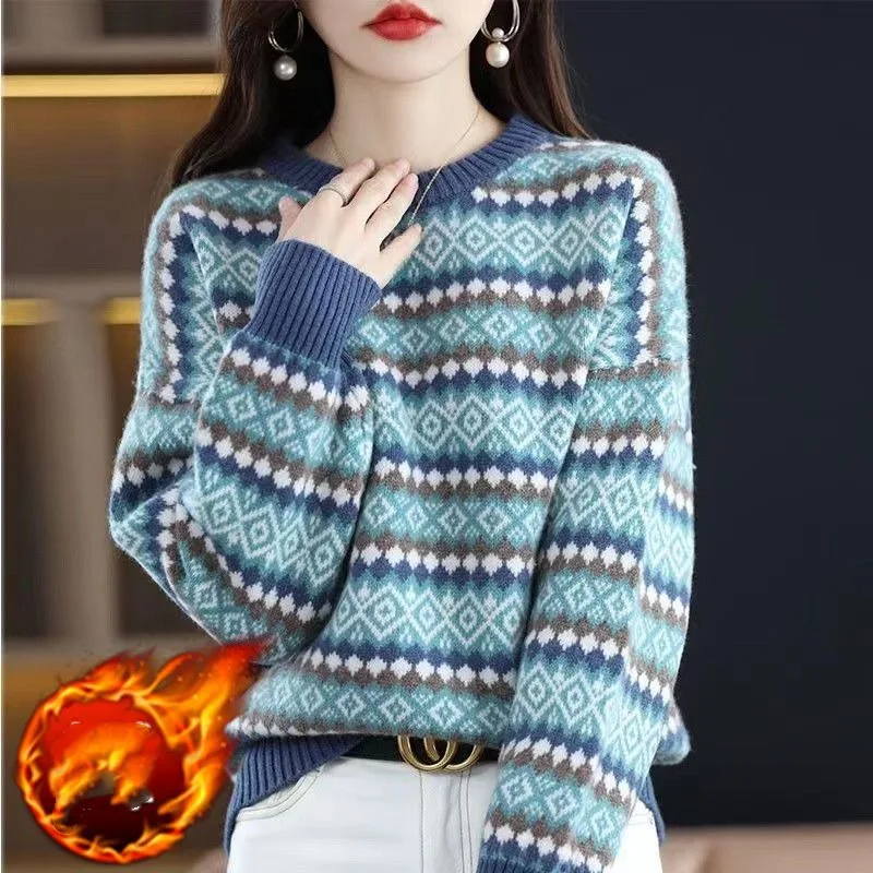 

Autumn and Winter Women's Round Neck Long Sleeve Sweater Fashion Spliced Colour Geometric Patchwork Plaid Casual Knitted Tops