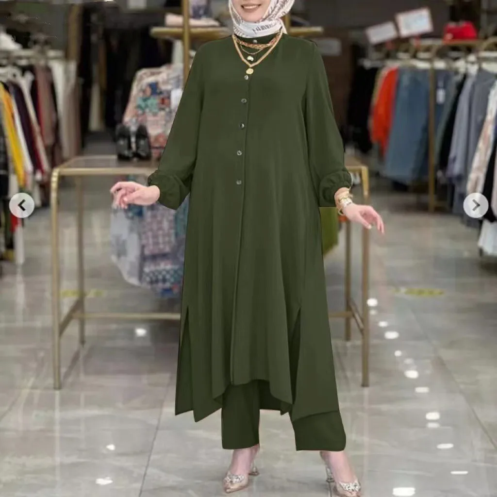 2024 Muslim Women's Clothing New Ice Silk Wrinkle Loose Solid Color Split Collar Shirt Temperament Pants Set