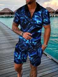 Conjunto de camiseta Polo de manga corta y pantalones cortos para hombre, chándal con estampado 3D a rayas, ropa de verano, 2023