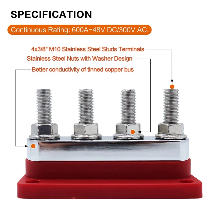 2X 600A Bus Bar 4-Stud (3/8 Inch) M10 High Current Copper Busbar Terminal Block Marine DC 12V 24V 48V With Cover(Red)