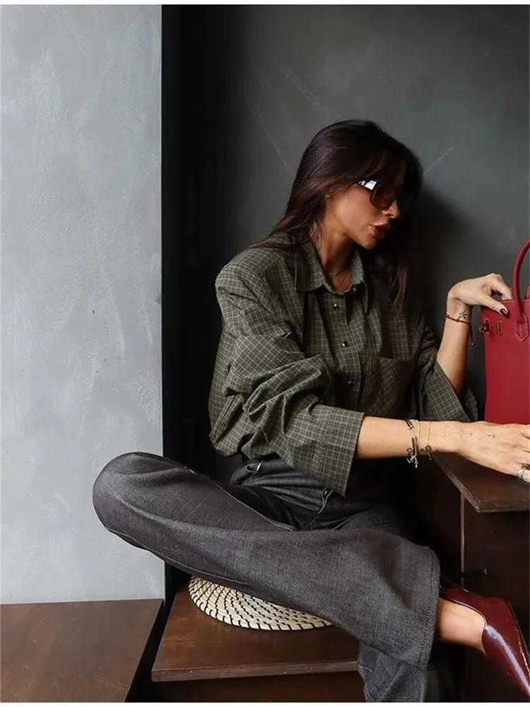 

Элегантные женские рубашки COOBBU в зеленую клетку, свободного кроя, с отложным воротником, на одной пуговице, с карманами, с длинным рукавом, женские блузки 2026, повседневные топы для женщин