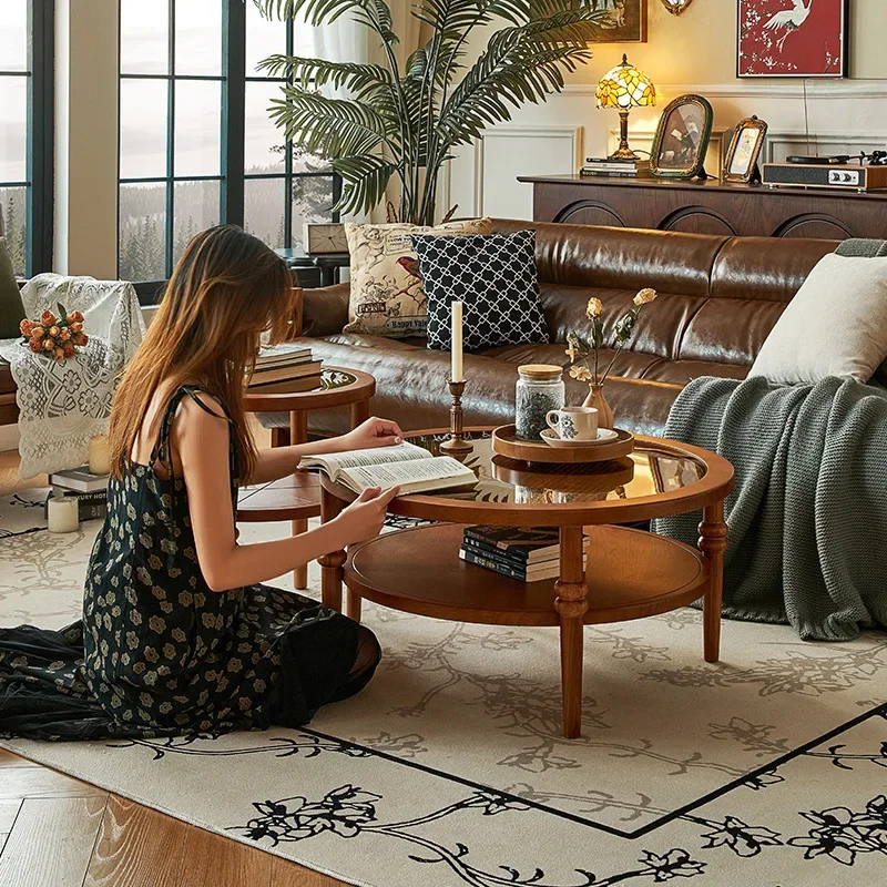 New French Retro Coffee Table Rattan Solid Wood Coffee Table Elegant Medium Creative Living Room Furniture Couchtisch