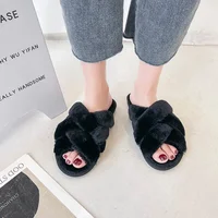 Fashionable Women's Cross Open-Toe Fur Slippers Indoor Home Cotton Slippers Flat Heel Autumn Winter New Arrival Korean Style - Image 4
