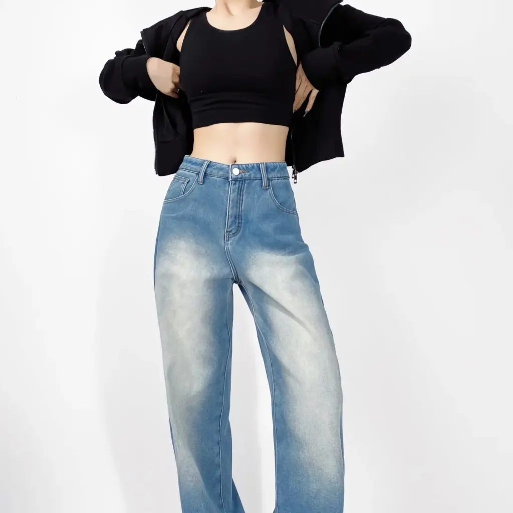 

Женские широкие джинсы с высокой талией для похудения на флисовой подкладке, прямые брюки в стиле ретро, американские прямые брюки, свободный крой, осень-зима, новинка