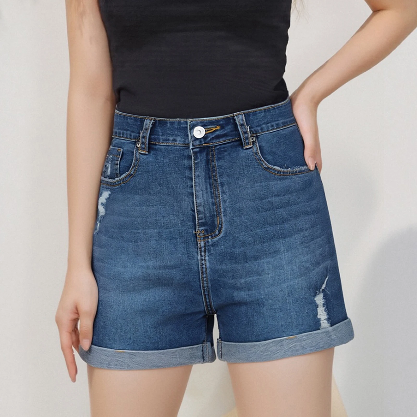 Womens Summer Solid Color Ripped Denim Shorts Retro Distress High Waist Folded Hem Slim Short Jeans Streetwear