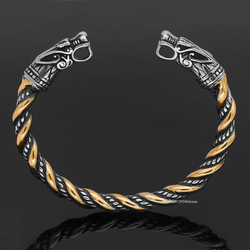 Norse Viking Wolf Head Bracelet Stainless Steel Opening Adjustable Wristband Cuff Snake Bangle for Men New Fashion Jewelry