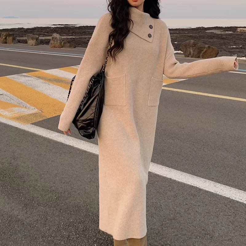 MiiiiX Korean Long Turtleneck Knitted Sweater Dress Loose Straight Versatile Casual Bottoming Dress 2024 Autumn Women's Clothes