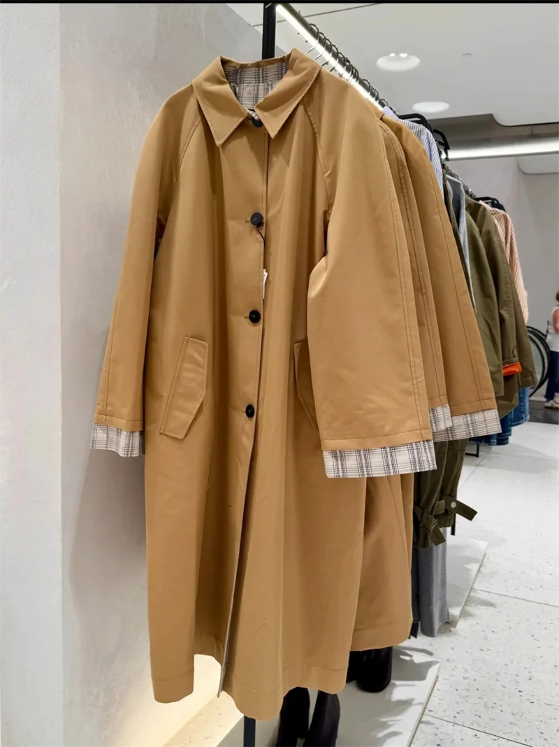 Guobioziy Women's Trench Coat 2026 Autumn New Fashion Long-Sleeve Turn-Down Collar Reversible Long Trench Coat