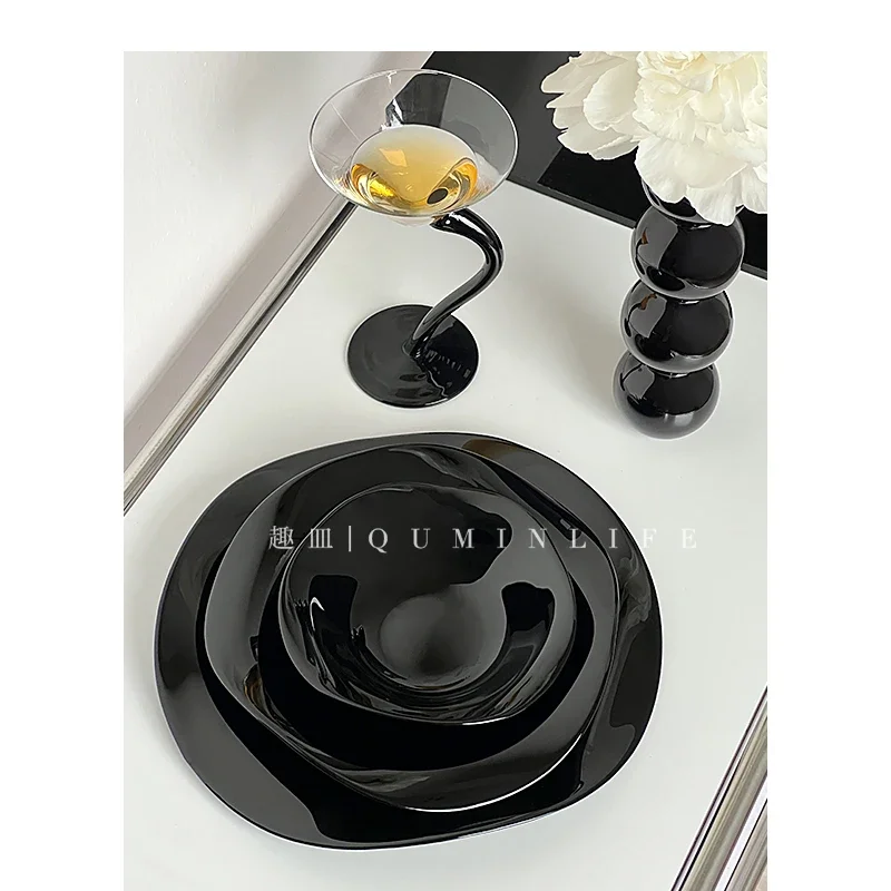 Bowl Black Solid Color Simplicity Irregular Cereals Fruit Breakfast Ceramic Tableware Simple Light Luxury Advanced Sense