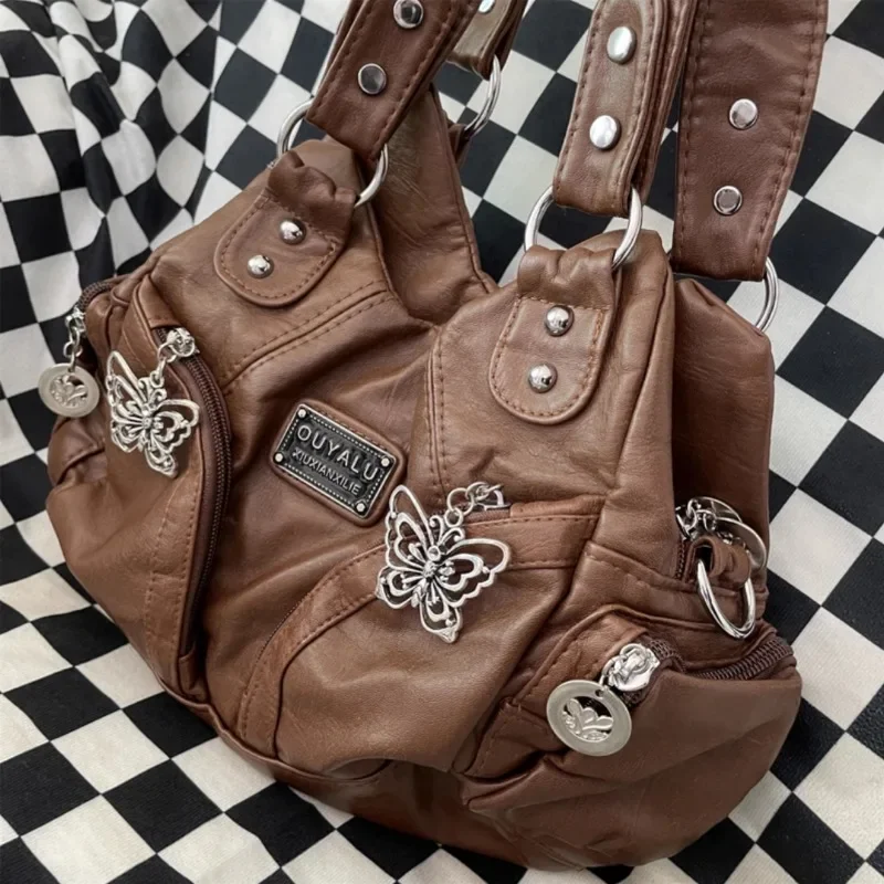 Mbti braun y2k Damen Umhängetasche Vintage Mode weiches Pu Leder Gothic Einkaufstasche Punk Harajuku lässig große Kapazität Handtasche