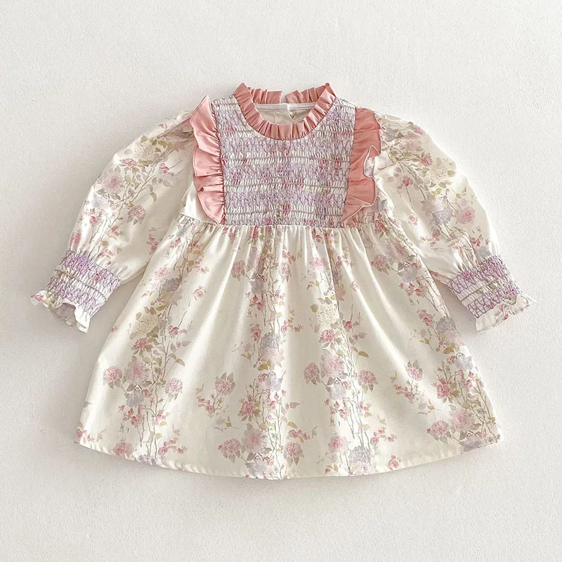 

2025 New Spring Sister Dress Kids Princess Dresses Long Sleeved Cotton Flower Print 1-6Yrs Baby Girl Birthday Party Dress