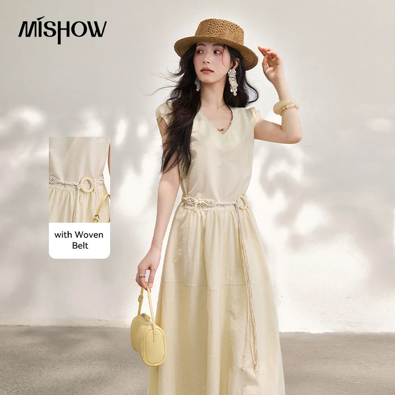 

MISHOW Gentle Waist Cinched Dress New Summer 2026 V-Neck Flying Sleeves High Waist A-Line Slimming Dress With Belt MXF26L2719