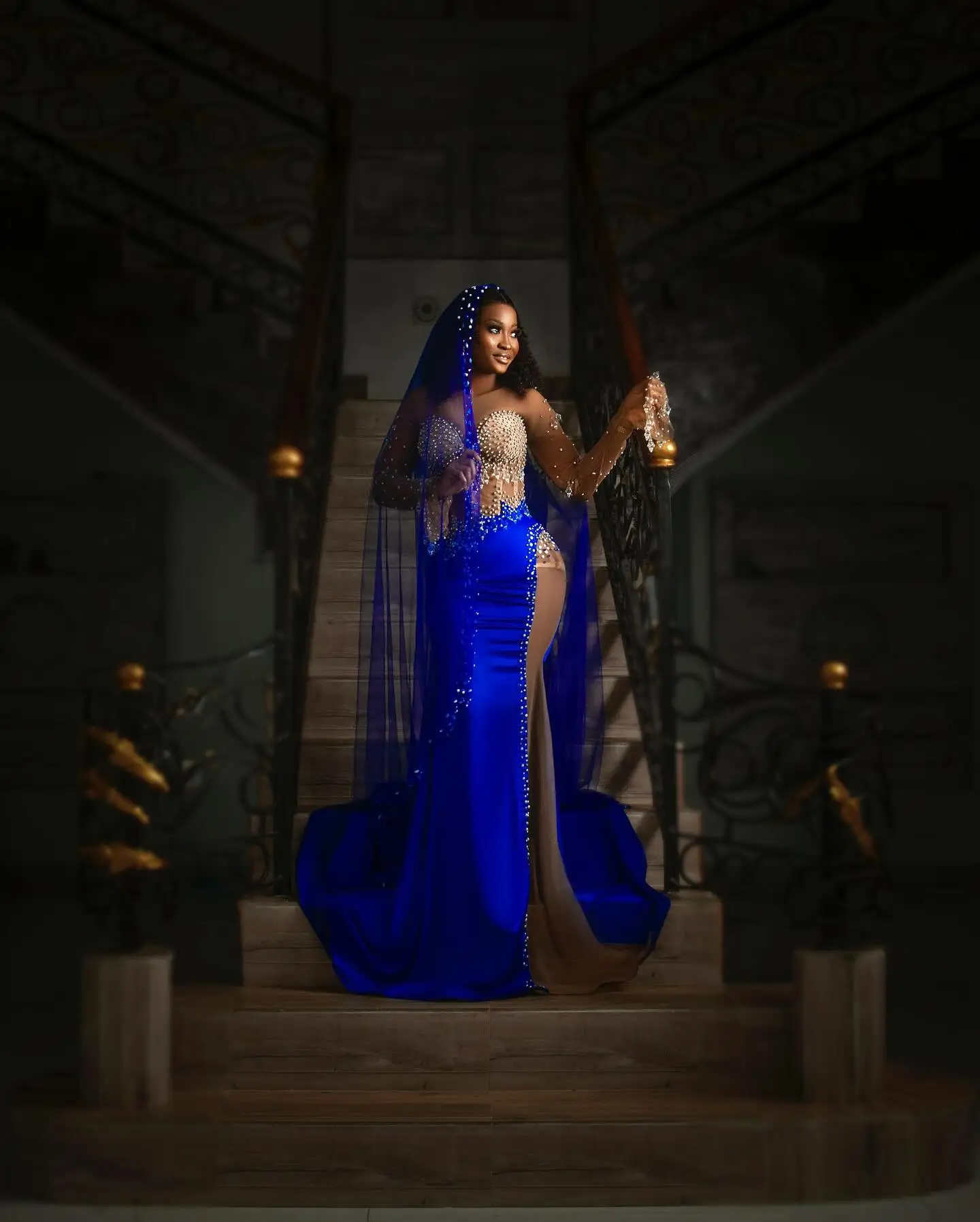 Afrykańska Sukienka Ślubna Druga Luksusowa Sukienka Balowa Królewski Błękit Formalna Sukienka na Przyjęcie Aso Ebi Sukienka Urodzinowa Czarna Kobieta Błyszcząca Suknia Wieczorowa
