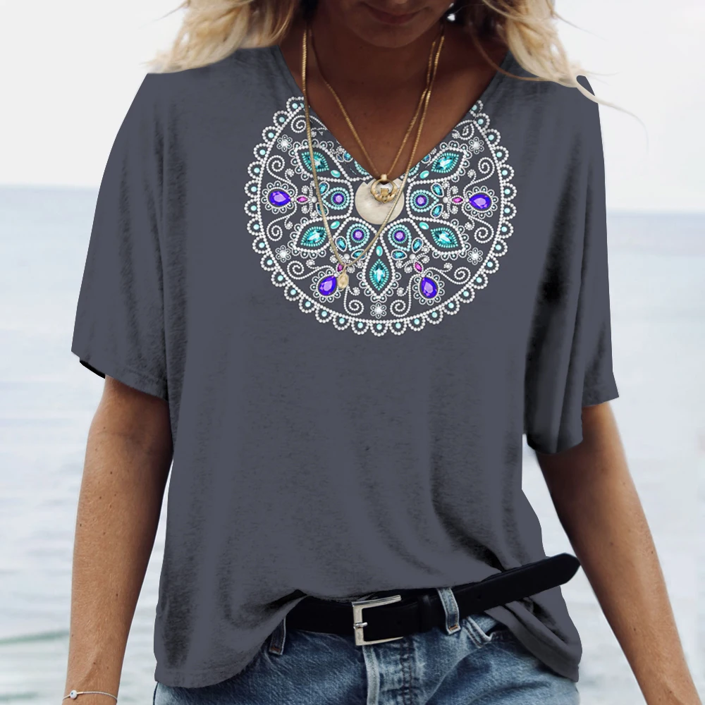 Summer New Mandala Gradient 3D Print T-Shirts Women V-Neck Short Sleeve T Shirt Y2K Tees Oversized Harajuku Tops Female Clothing