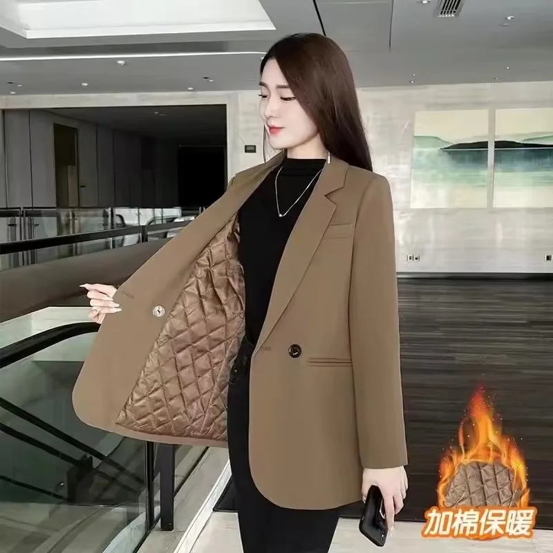 

New Women Autumn Winter Blaze Black Cotton Lined Warm Suit Jacket Fashion Korean Street Clothes Suit Coat Female Tops Outerwear